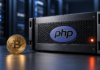 Weltweiter Sicherheitsalarm: PHP-Lücken könnten Bitcoin- und Kryptonutzer gefährden Schwarzer Webserver mit PHP-Logo und orangefarbener Statusleuchte neben einer goldenen Bitcoin-Münze.
