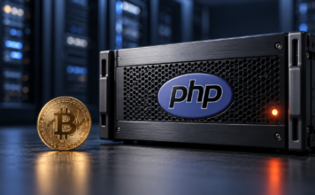 Weltweiter Sicherheitsalarm: PHP-Lücken könnten Bitcoin- und Kryptonutzer gefährden Schwarzer Webserver mit PHP-Logo und orangefarbener Statusleuchte neben einer goldenen Bitcoin-Münze.