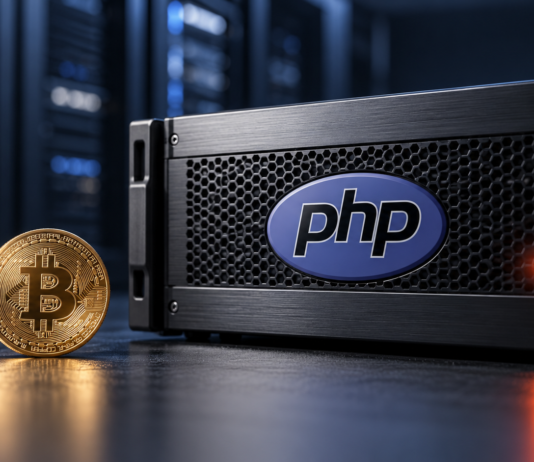 Schwarzer Webserver mit PHP-Logo und orangefarbener Statusleuchte neben einer goldenen Bitcoin-Münze.