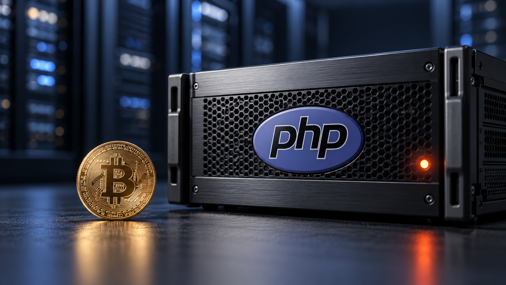 Schwarzer Webserver mit PHP-Logo und orangefarbener Statusleuchte neben einer goldenen Bitcoin-Münze.