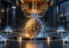Bitcoin-Münze unter einem Quantencomputer in futuristischer Laborumgebung, umgeben von vernetzten Schutzknoten als Symbol für die Abwehr von Quantenangriffen.