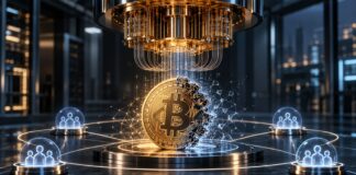Bitcoin-Münze unter einem Quantencomputer in futuristischer Laborumgebung, umgeben von vernetzten Schutzknoten als Symbol für die Abwehr von Quantenangriffen.