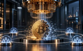 Bitcoin-Münze unter einem Quantencomputer in futuristischer Laborumgebung, umgeben von vernetzten Schutzknoten als Symbol für die Abwehr von Quantenangriffen.