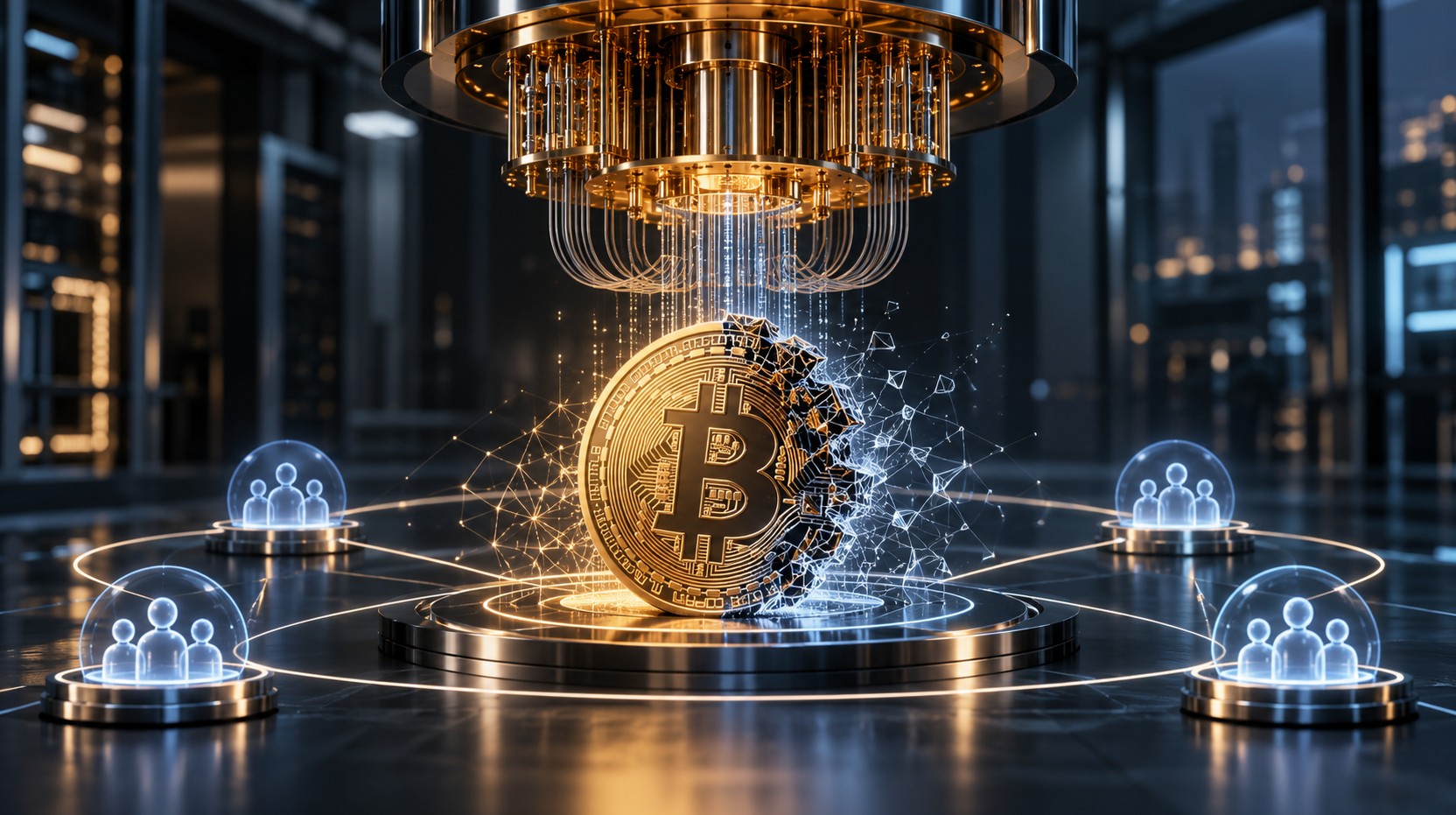 Bitcoin-Münze unter einem Quantencomputer in futuristischer Laborumgebung, umgeben von vernetzten Schutzknoten als Symbol für die Abwehr von Quantenangriffen.