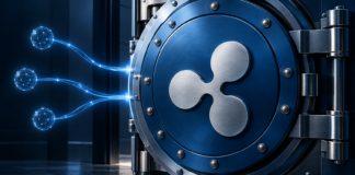 Silbernes Ripple-Logo auf einem blauen Tresor, verbunden mit drei leuchtenden Netzwerkknoten.