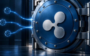 Silbernes Ripple-Logo auf einem blauen Tresor, verbunden mit drei leuchtenden Netzwerkknoten.