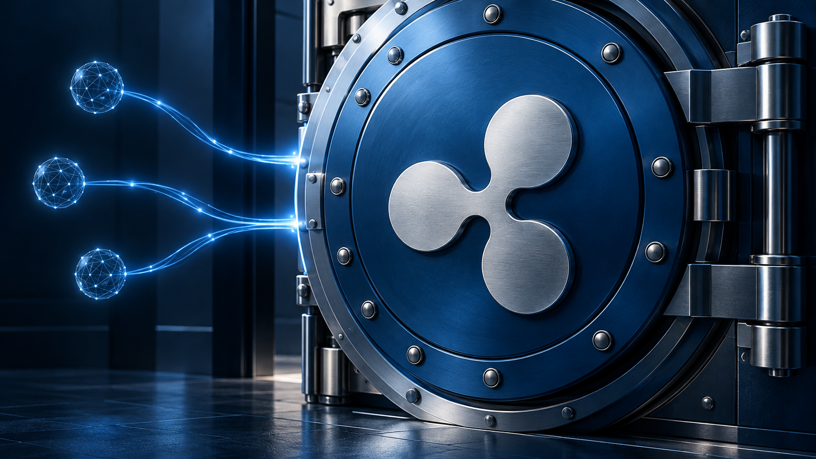 Silbernes Ripple-Logo auf einem blauen Tresor, verbunden mit drei leuchtenden Netzwerkknoten.