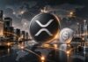 Prominentes XRP-Logo vor einer globalen Finanzlandschaft mit Dollar-Symbol, Weltkarte und leuchtenden Netzwerkverbindungen als Symbol für internationale Kapitaltransfers.