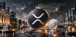 Prominentes XRP-Logo vor einer globalen Finanzlandschaft mit Dollar-Symbol, Weltkarte und leuchtenden Netzwerkverbindungen als Symbol für internationale Kapitaltransfers.