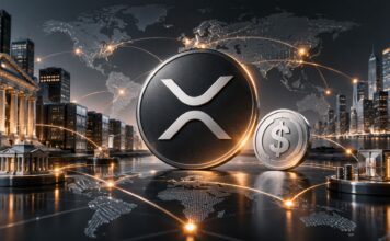 Prominentes XRP-Logo vor einer globalen Finanzlandschaft mit Dollar-Symbol, Weltkarte und leuchtenden Netzwerkverbindungen als Symbol für internationale Kapitaltransfers.