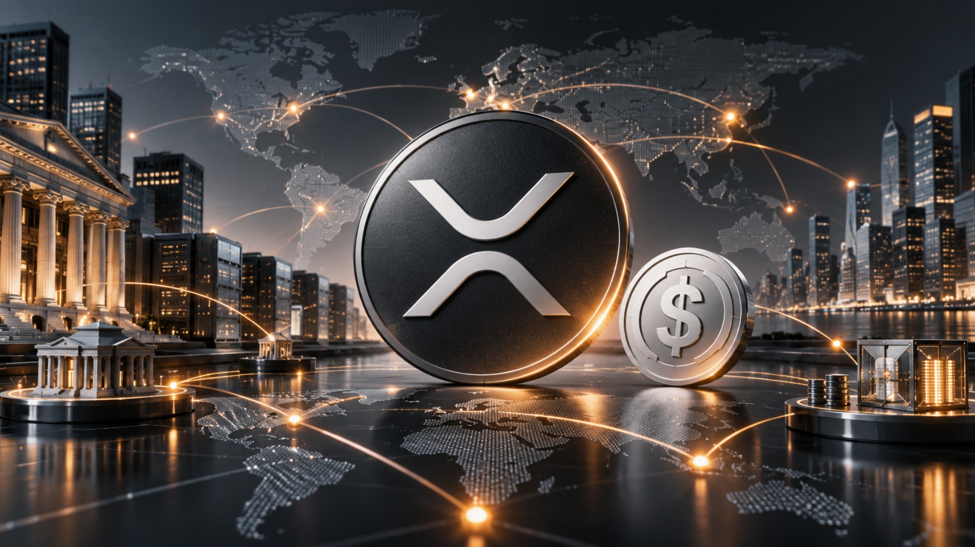 Prominentes XRP-Logo vor einer globalen Finanzlandschaft mit Dollar-Symbol, Weltkarte und leuchtenden Netzwerkverbindungen als Symbol für internationale Kapitaltransfers.