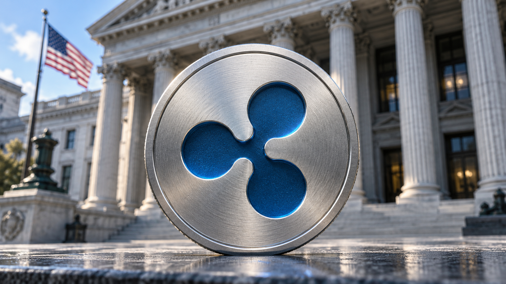 Silbernes Medaillon mit blauem Ripple-Logo vor einer Bankfassade mit US-Flagge.