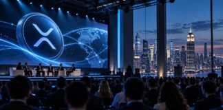 Ripple Swell 2026 in New York: XRP-Symbol auf großer Leinwand vor Konferenzteilnehmern und der Skyline von Manhattan.