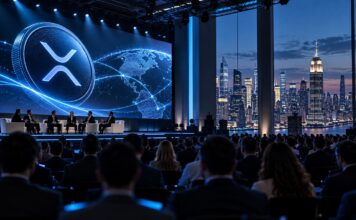 Ripple Swell 2026 in New York: XRP-Symbol auf großer Leinwand vor Konferenzteilnehmern und der Skyline von Manhattan.