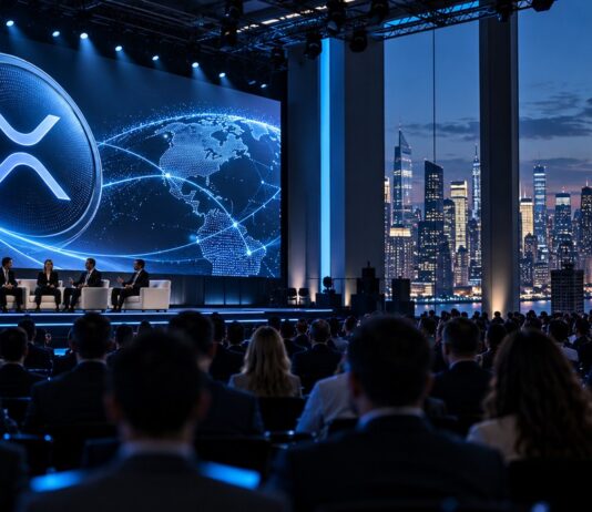 Ripple Swell 2026 in New York: XRP-Symbol auf großer Leinwand vor Konferenzteilnehmern und der Skyline von Manhattan.