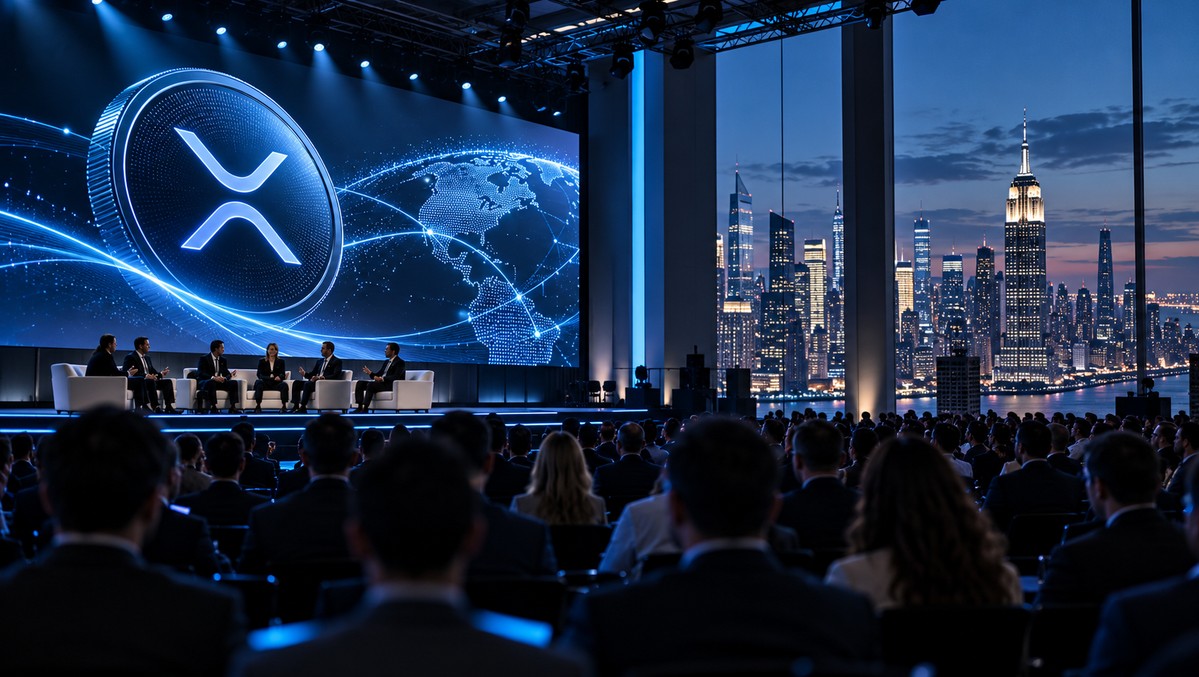 Ripple Swell 2026 in New York: XRP-Symbol auf großer Leinwand vor Konferenzteilnehmern und der Skyline von Manhattan.