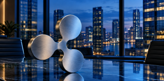 Ripple zündet die nächste Stufe: Neue KI-Funktionen und Renditen rund um die Uhr Silbernes Ripple-Logo auf einem Konferenztisch vor einer beleuchteten Skyline am Abend.