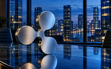 Ripple zündet die nächste Stufe: Neue KI-Funktionen und Renditen rund um die Uhr Silbernes Ripple-Logo auf einem Konferenztisch vor einer beleuchteten Skyline am Abend.