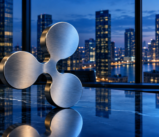 Silbernes Ripple-Logo auf einem Konferenztisch vor einer beleuchteten Skyline am Abend.