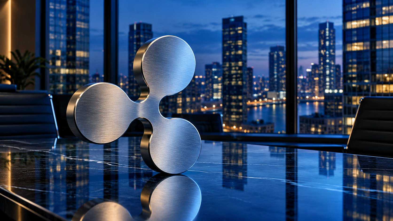 Silbernes Ripple-Logo auf einem Konferenztisch vor einer beleuchteten Skyline am Abend.