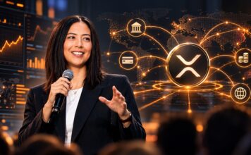 Ripple-Präsidentin Monica Long bei einem Vortrag vor einer Illustration des XRP-Logos und eines globalen digitalen Zahlungsnetzwerks.