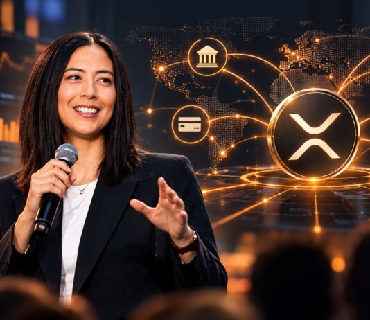 Ripple-Präsidentin Monica Long bei einem Vortrag vor einer Illustration des XRP-Logos und eines globalen digitalen Zahlungsnetzwerks.
