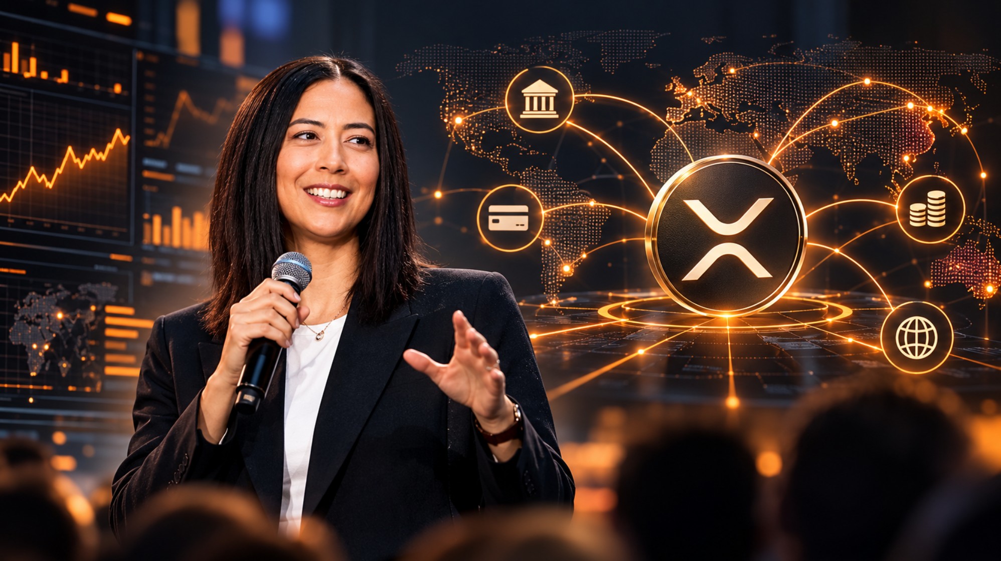 Ripple-Präsidentin Monica Long bei einem Vortrag vor einer Illustration des XRP-Logos und eines globalen digitalen Zahlungsnetzwerks.
