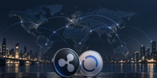 Ripple kooperiert mit Schweizer Fintech: 10-Milliarden-Dollar-Deal für XRP Ledger Symbolische Darstellung von XRP und RLUSD vor einer Weltkarte mit globalen Zahlungsverbindungen