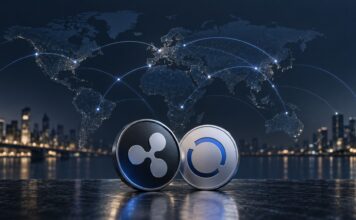 Symbolische Darstellung von XRP und RLUSD vor einer Weltkarte mit globalen Zahlungsverbindungen