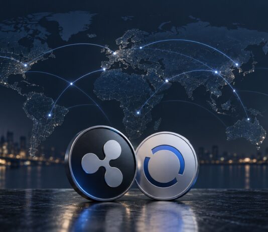 Symbolische Darstellung von XRP und RLUSD vor einer Weltkarte mit globalen Zahlungsverbindungen