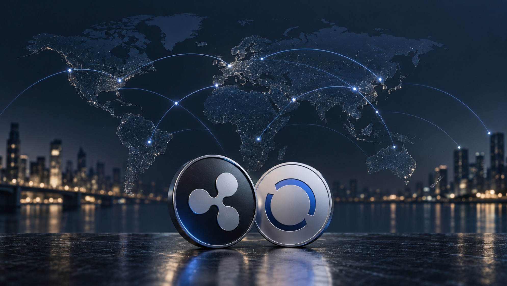 Symbolische Darstellung von XRP und RLUSD vor einer Weltkarte mit globalen Zahlungsverbindungen
