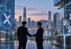 Ripple und Meritz Securities schließen Partnerschaft zur Tokenisierung digitaler Vermögenswerte in Südkorea – XRP-Logo vor der Skyline von Seoul.