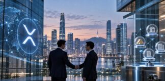 Ripple schließt neue Partnerschaft mit Fintech-Riese Meritz Securities in Südkorea Ripple und Meritz Securities schließen Partnerschaft zur Tokenisierung digitaler Vermögenswerte in Südkorea – XRP-Logo vor der Skyline von Seoul.