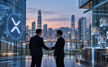 Ripple schließt neue Partnerschaft mit Fintech-Riese Meritz Securities in Südkorea Ripple und Meritz Securities schließen Partnerschaft zur Tokenisierung digitaler Vermögenswerte in Südkorea – XRP-Logo vor der Skyline von Seoul.