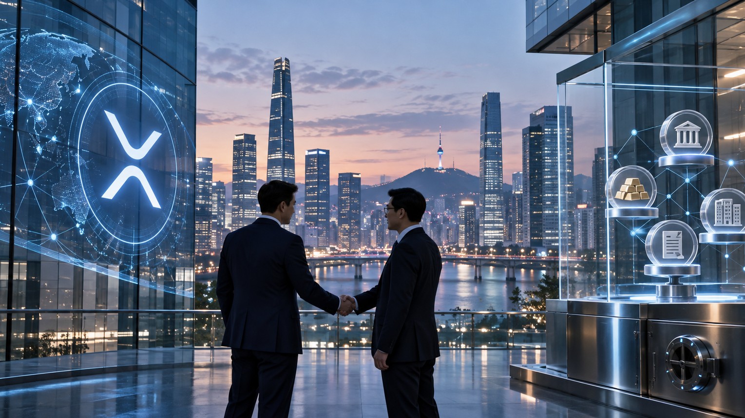 Ripple und Meritz Securities schließen Partnerschaft zur Tokenisierung digitaler Vermögenswerte in Südkorea – XRP-Logo vor der Skyline von Seoul.