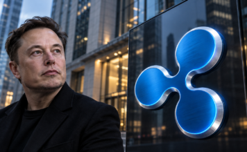 Ripple gewinnt die Bank hinter Elon Musks X Money für RLUSD Elon Musk neben einem großen blauen Ripple-Logo vor einer modernen Bankfassade.