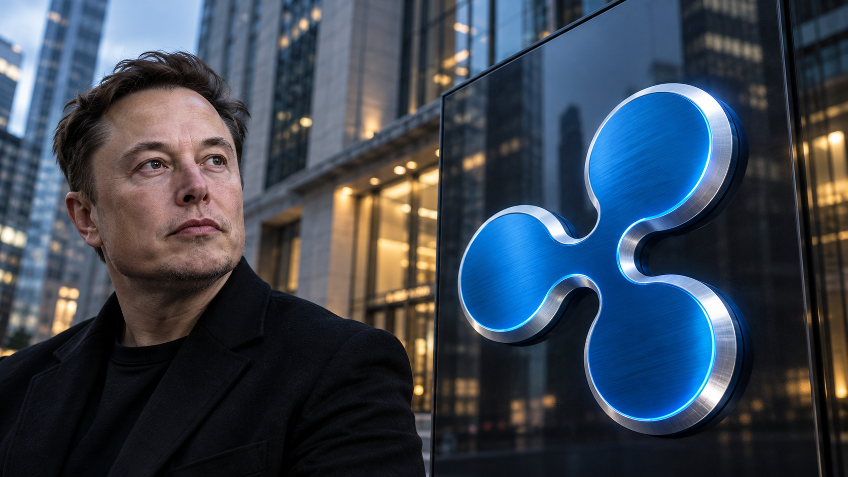 Elon Musk neben einem großen blauen Ripple-Logo vor einer modernen Bankfassade.