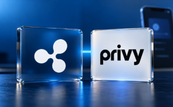 Ripple-Logo und Privy-Schriftzug auf Glastafeln vor blauem Hintergrund mit einem Smartphone.