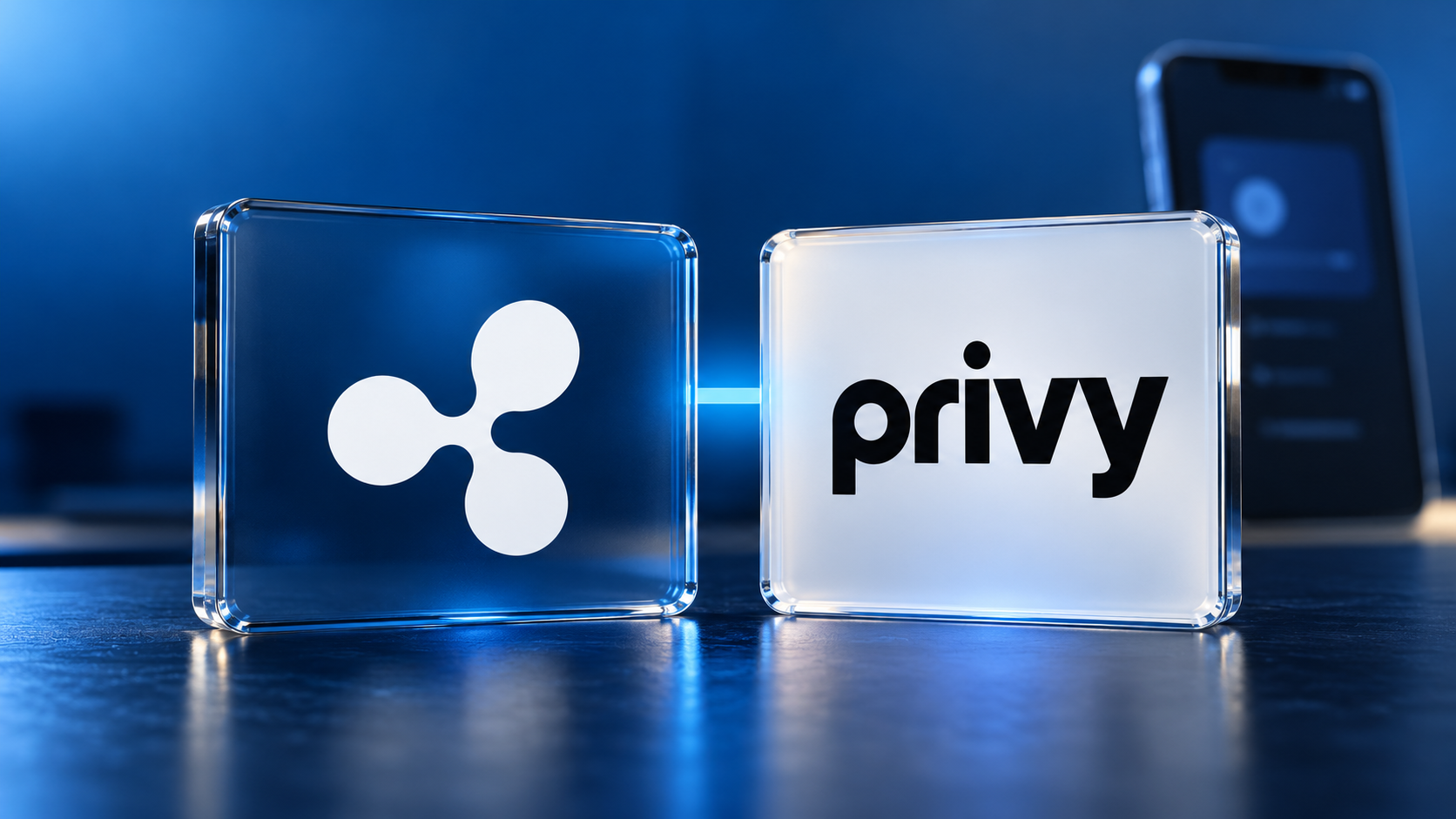 Ripple-Logo und Privy-Schriftzug auf Glastafeln vor blauem Hintergrund mit einem Smartphone.