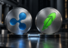 Ripple- und Robinhood-Logo auf zwei metallischen Medaillons vor dunklem Hintergrund.