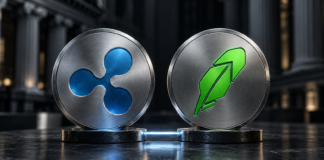 Ripple- und Robinhood-Logo auf zwei metallischen Medaillons vor dunklem Hintergrund.