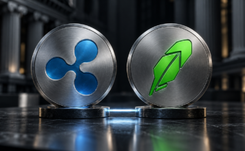 Ripple- und Robinhood-Logo auf zwei metallischen Medaillons vor dunklem Hintergrund.