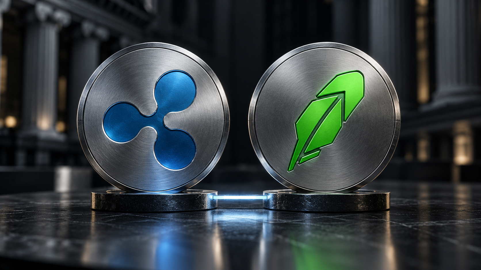Ripple- und Robinhood-Logo auf zwei metallischen Medaillons vor dunklem Hintergrund.