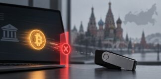 Russland verbietet Bitcoin-Transfers auf eigene Hardware-Wallets – symbolische Darstellung einer blockierten Überweisung vor der Kulisse Moskaus