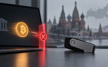 Russland verbietet Bitcoin-Transfers auf eigene Hardware-Wallets – symbolische Darstellung einer blockierten Überweisung vor der Kulisse Moskaus