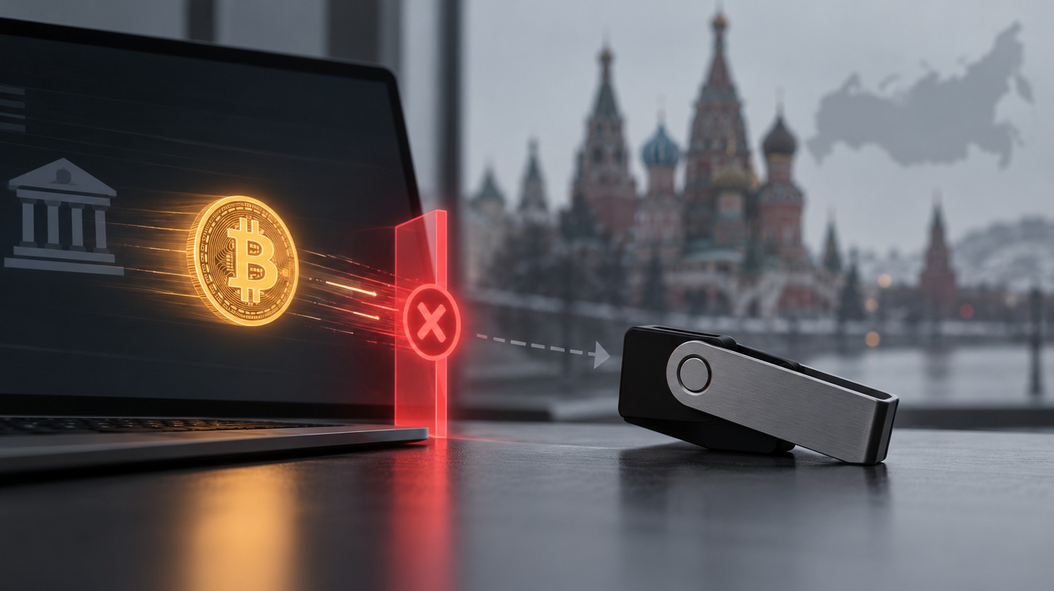 Russland verbietet Bitcoin-Transfers auf eigene Hardware-Wallets – symbolische Darstellung einer blockierten Überweisung vor der Kulisse Moskaus