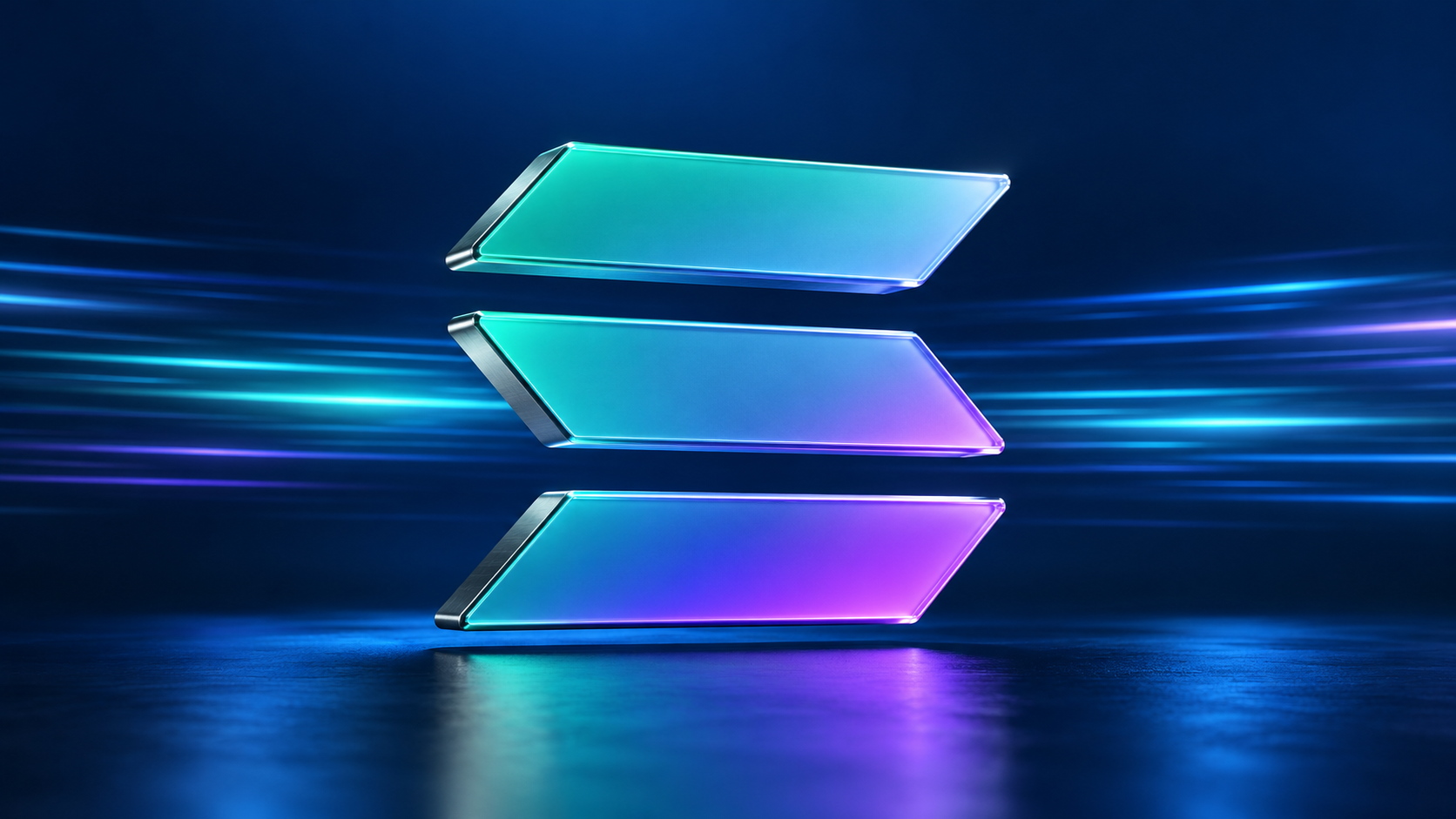 Großes Solana-Logo in Türkis und Violett vor blauem Hintergrund mit horizontalen Lichtspuren.