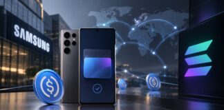Samsung und Solana kooperieren bei Stablecoin-Zahlungen über Samsung Wallet. Galaxy-Smartphone mit USDC-Symbol und globalem Zahlungsnetzwerk.