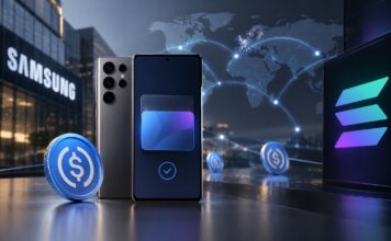 Samsung und Solana kooperieren bei Stablecoin-Zahlungen über Samsung Wallet. Galaxy-Smartphone mit USDC-Symbol und globalem Zahlungsnetzwerk.