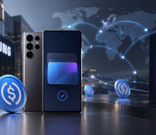 Samsung und Solana kooperieren bei Stablecoin-Zahlungen über Samsung Wallet. Galaxy-Smartphone mit USDC-Symbol und globalem Zahlungsnetzwerk.